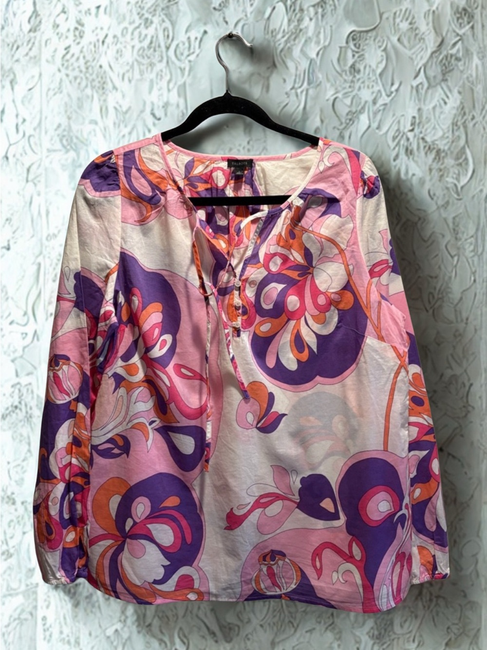 Talbots Floral Tie Neck Tunic Top Size Large Pink Purple Orange Boho 100% Cotton